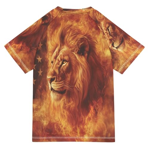 Boys Short Sleeve T-Shirts Fire Lion American Flag Rashguard Kids Swim Shirts Sun UPF 50+2