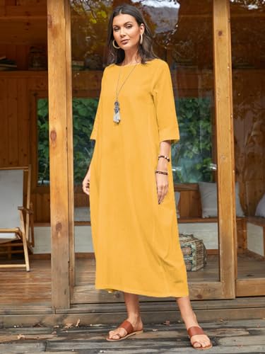 Image of Celmia Autumn Solid Loose Long Maxi Dress Cotton Caftan