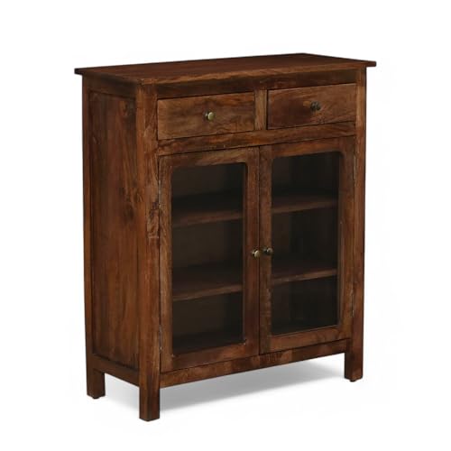 Image of Solid Wood Madrid Crockery Cabinet with Drawers | Kitchen Cabinet | Wooden Cabinet with Glass Doors | Finish- Tubaq