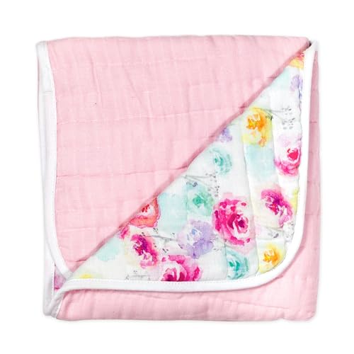 Image of HonestBaby Hand-Quilted Baby Blanket Reversible 100% Organic Cotton for Infant Boys, Girls, Rose Blossom, One Size