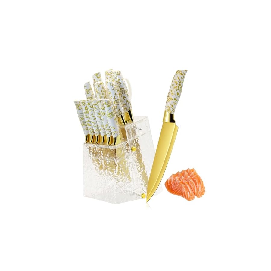 Knife-Block-Set-Gold-Sharp-Knives-with-Acrylic-Block-Stainless-Steel-Kitchen-Knife-Set-with-Serrated-Steak-Knife-Chef-Knife-Bread-Knife-Scissors-Sharpener-14Pcs-Professional-Knife-Set-for-gift Knife Block Set, Gold Sharp Knives with Acrylic Block, Stainless Steel Kitchen Knife Set with Serrated Steak Knife, Chef Knife, Bread Knife, Scissors, Sharpener, 14Pcs Professional Knife Set for gift