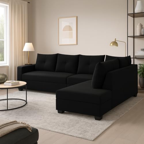 Image of SOCOZI Oriana 6 Seater RHS L Shape Sofa Set | Soft Velvet Suede Fabric | Modern Design | Plush Comfort Cushions for Living Room (Black)