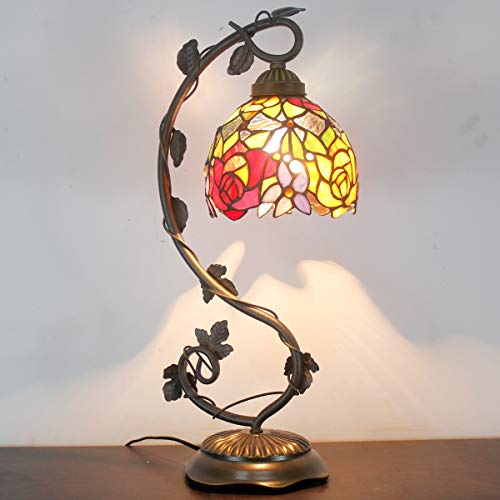 Werfactory Tiffany Table Lamp Red Rose Style Stained Glass Reading Desk Light With Metal Leaf Base 6X10X21 Inches Decor Small Space Bedroom Home Office S001 Series #TOP5