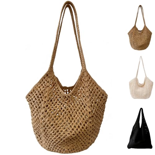 Innovelfun Bolsas de crochê, bolsa de praia de malha de crochê, bolsa feminina de ombro para compras, bolsa casual de viagem, Caqui
