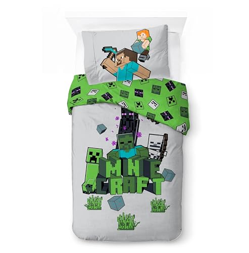 Minecraft Kids Bedding Set | Single Size Duvet Cover 140x200 cm with Pillowcase 50x70 cm 100% Cotton | Soft Colorful & Riversible Bedlinen Set for Kids | Official Minecraft Build & Explore