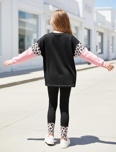 Image of PATPAT Little Girls Clothes Crew Neck Leopard Color Block Sweatshirt and Leggings Girls Outfits Size 4-12Y