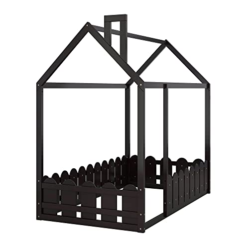Harper & Bright Designs Twin House Bed Frame For Kids, Wood Twin Montessori Bed With Fence-Shaped Guardrails, Toddler Floor Bed Frames For Girls, Boys,Espresso #TOP6