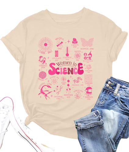 Women in Science Shirt Science Teacher T-Shirt Teacher Life Shirts Gift Short Sleeve Graphic Tees Tops(Apricot,Medium)