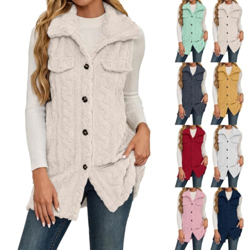 Womens Long Vest Jackets Fleece Fuzzy Sleeveless Button Down with Pockets - image 1