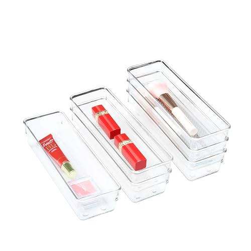 Image of ihomecooker 6 Set Clear Plastic Junk Drawer Organizer Vanity Curlery Utensil Makeups Organizer for Kitchen 9''X 3''