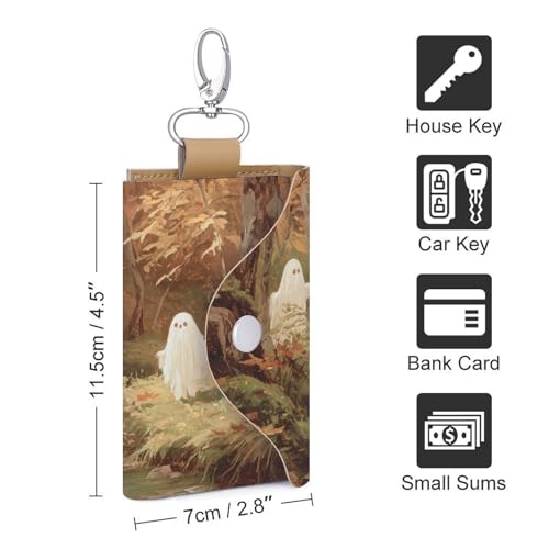 Several Cute White Ghosts in An Autumn Forest Key Holder Bag PU Leather ID Card Holder Keychains Case Cover for Men Women2