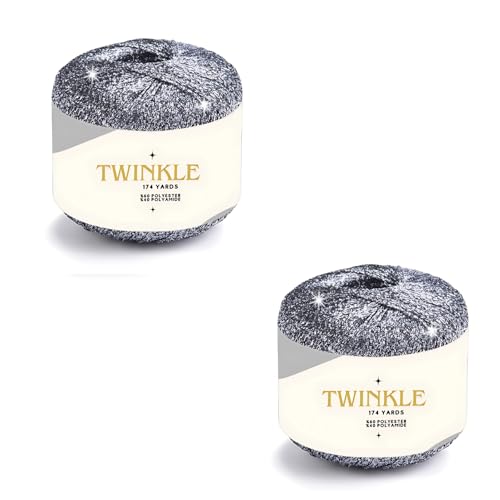 Image of Pack 2 Twinkle Metallic Glitter Yarn Sparkle Fine 1 Light Fingering Weight Worsted Gold Silver for Crochet Knitting, 25g 0.88oz, 175yard Soft Craft Shawls Bags Lurex