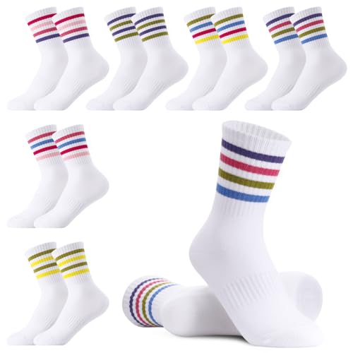 Utensilsto 6 Paar Tennissocken Kinder 31-34 Sportsocken Weiß Kindersocken mit Streifen Tennis Sport Socken Jungen Mädchen Baumwollsocken für Tennis Lauf Sport