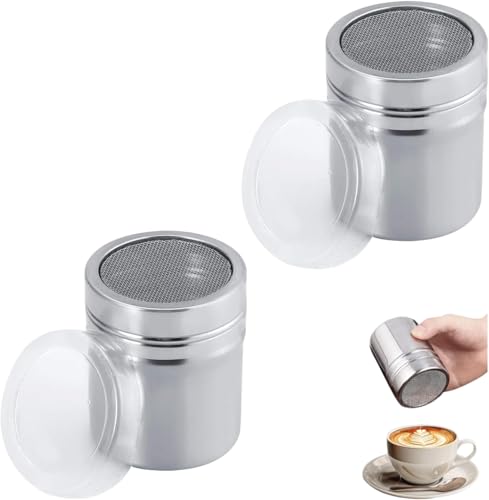 Heyumybit Saupoudreuse à Sucre Glace,2 Pièces Saupoudreuse Cacao,Saupoudrer Tasse à Café,Saupoudreuse à Epices en Acier,Chocolat Tamiseur pour Sucre en...