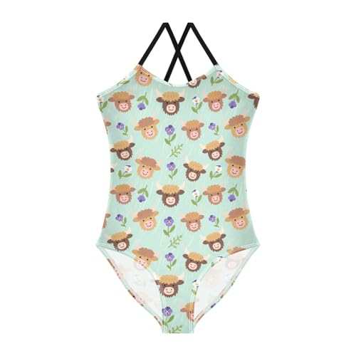 senya Girls Swimsuits One-Piece Swimwear Tie Bathing Suit Beach Summer Round Neck 5-6T Cartoon Highland Cattle Flowers Pattern