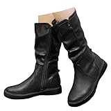 Xbemkste Botas para mujer de media caña planas con cremallera, punta redonda, con ondas, botas vaqueras de cuero, botas de media altura, térmicas, forradas, botas de invierno cómodas para mujer, Negro