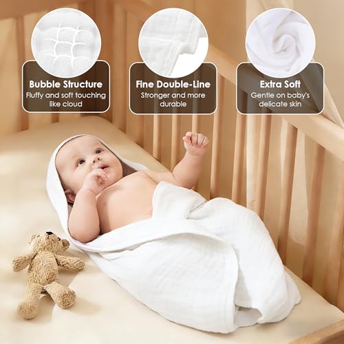 Image of Sunny zzzZZ Muslin Hooded Baby Bath Towels - 3 Pack 100% Cotton Soft Low-Saturation Pastel Towels Including Classic White for Newborns, Infants, Toddlers - 32x32 Inch - Light Bean Paste and White