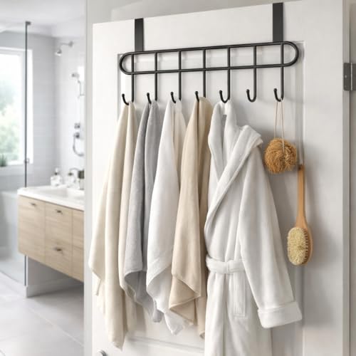 Image of Kundi Multi-Functional Over-the-Door Hook Hanger Rack - Heavy-Duty Steel Wall Hook Organizer with 7 Hooks for Clothes, Towels, Kitchen & Bathroom (Black)