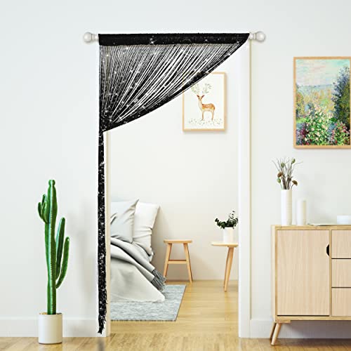 Transcosy String Curtains for Doorways Glitter Beaded Curtains Door Sparkle Beads Curtain Open Closet Laundry Hanging Hippie Glisten Beads Window Girls Panel (Black, 39"×79" in)
