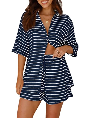 Image of Tankaneo Womens Striped 2 Piece Sets Short Sleeve Lounge Set | Button Down, Waffle Knit, Pajama Lounge Set, Summer Outfits