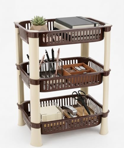Image of U-Max Multi Tire Kitchen Storage Rack, Plastic Utility Shelf Organiser, Space Saving Storage Solution, Revolving Vegetable Rack (Brown-Regular, 3)