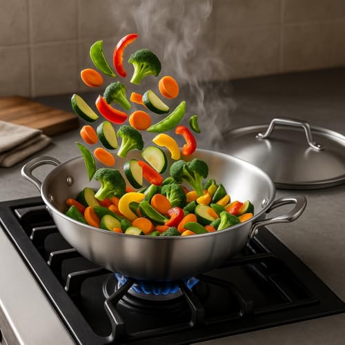 Image of Pigeon Tristeel Triply Stainless Steel Kadai 5900ml (30cm) with Lid | ISI Marked Jumbo Kadhai for Induction & Gas | Heavy Bottom Rust-Free Cookware