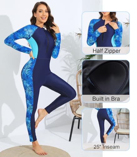 ALLTOKE Women's One Piece Zip Front Rash Guard Swimsuit Full Body Long Sleeve Long Pants Built in Bra UPF 50+ Surf Swimwear
