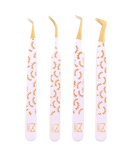 M LASH Tweezers for Eyelash Extensions (Set of 4) - Professional Lash Extension Tweezers - Fiber Tip, Japanese Steel, Diamond Grip Eyelash Extension Tweezer set (H-SET)