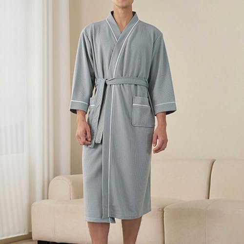 Mens Waffle Knit Robe Kimono Bathrobe Lightweight Soft Knee Length Spa Male Robe Plus Size Long Sleepwear2
