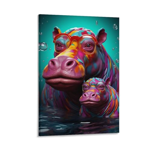Toile murale hippopotame colorée pour salon moderne et chaleureux
