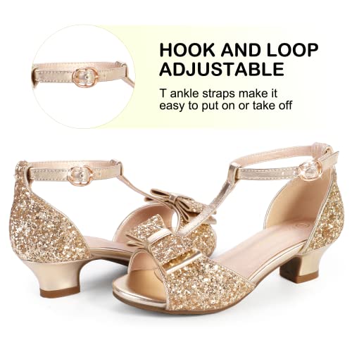 Image of PANDANINJIA Lilly Girls Heels Todder Dress Shoes Pump T Strap Open Toe Bow Little Big Kids Flower Girl Shoes(Gold Sequin, 6 M US Big Kid)