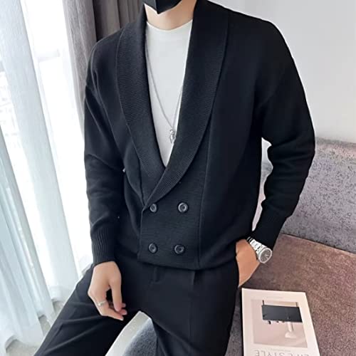 HZCX FASHION Men Shawl Collar Double Breasted Cardigan Sweater Knit Jacket Blazer4