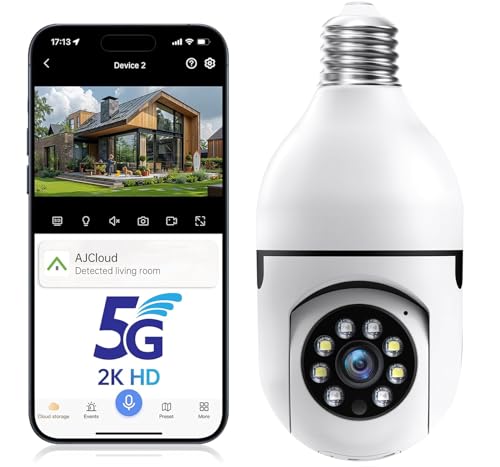 Light Bulb Camera Outdoor, 5G&2.4GHz Wireless Lightbulb Security Cameras for Home Security, Two-Way Talk,Color Night Vision, Human Detection, 2-IN-1 Bulb Security Camera Work with Alexa (1Pack)