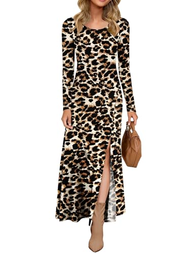 AUSELILY Damen Langarm Maxikleid - Kleid Langarm Lang Herbstkleid Winterkleid Schlitz Elegant Leopard Schwarz XXL