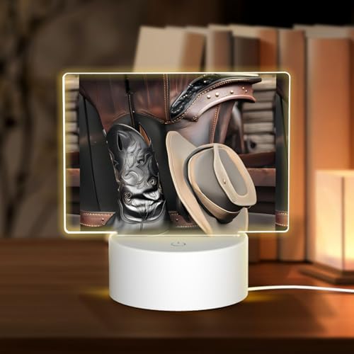 PHAYAH Cappello da cowboy nero modello stivali occidentali luce notturna rettangolare Led luce base con cavo USB regolabile 3 colori per adulti camera da letto bambino
