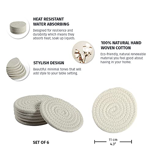 OrganiHaus Drink Coasters Set of 6, Absorbent Cotton Woven Cup Coasters, Rustic Farmhouse Boho Decor for Coffee Table and Drinks Protection, Cute Coaster for Drinks - Off-White - Thumbnail 2