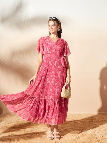 Image of Miss Chase Women's Floral V-Neck Flutter Sleeve Wrap Chiffon Maxi Dress