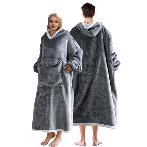 Elaxi Oversized Winter Hooded Blanket, Soft Sherpa Wearable Blanket with Sleeves and Pockets, Cozy Fleece Warm Throw Giant Sweatshirt for Men and Women