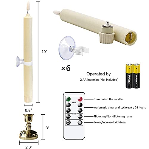 Image of Wondise Flameless Window Candles with Timer & Remote, 10 inch Battery Operated 3D Wick LED Flickering Window Candles for Christmas Decoration, Removable Gold Holder and Suction Cups Included(6 Pack)