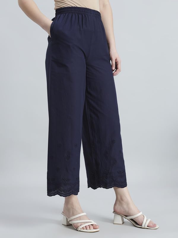 Image of GO COLORS Women Cotton Hakoba Wide Pant Ankle Length, Floral Embroidery, Relaxed Fit, Mid-Rise with Side Pocket