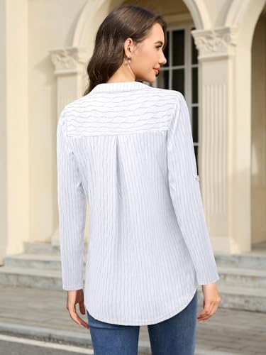 Image of Bulotus 3 /4 Length Sleeve Womens Striped Tops Zipper V Neck Collared Blouses Business Casual Tunics 2026 Spring Trendy