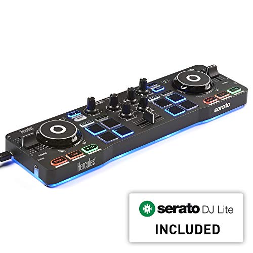 Hercules DJControl Starlight | Pocket USB DJ Controller with Serato DJ Lite touch-sensitive jog wheels built-in sound card and built-in light show (Renewed)