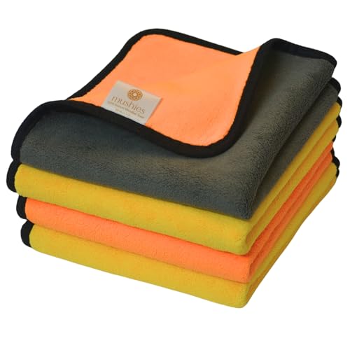 Image of MUSHIES 800 GSM Microfiber Cloth (40x40 cm, Pack of 4) Double Layered Highly Absorbent Heavy Plush Microfibre Towel Cloth for Car Cleaning, Washing, Drying, Polishing & Detailing (Orange /Yellow)