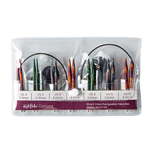 Image of Knit Picks Mosaic Wood Short Interchangeable Knitting Needles Set US 4-10 | 7 sizes of 2.75 inch long knitting needles in multicolor, includes cables, end caps, and connectors.