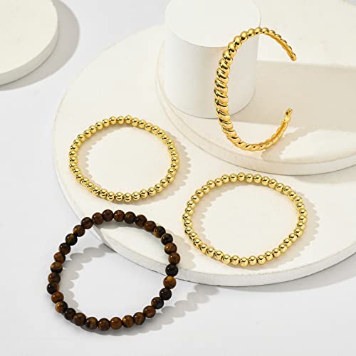 Starain 4 Pieces Gold Beaded Ball Bracelets For Women Girls Dainty Twisted Chunky Cuff Bangle Stackable Elastic Gold Bead Ball Bracelet Set #TOP4