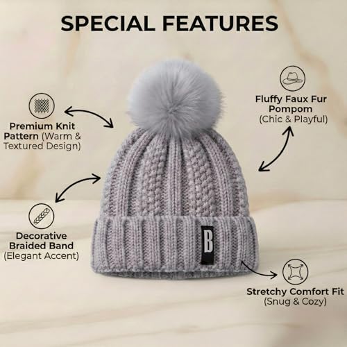 Image of Kraptick Women's Winter Cap - Knit Beanie with Soft Fleece Lining Hat, Stylish Pom Pom Thick Woollen Skull Cap, Warm Hat for Ladies & Girls -3
