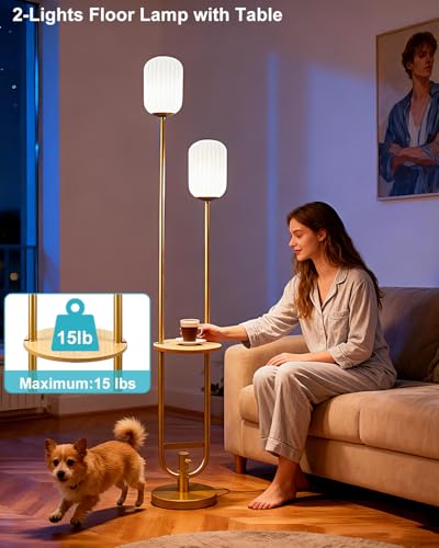 Image of 2-Lights Gold Dimmable Floor Lamp with Table, Modern Floor Lamps with Oval Striped Lampshade 3000K Soft Warm White Standing Tall Lamp for Living Room /Bedroom /Sofa Beside /Corner Decor
