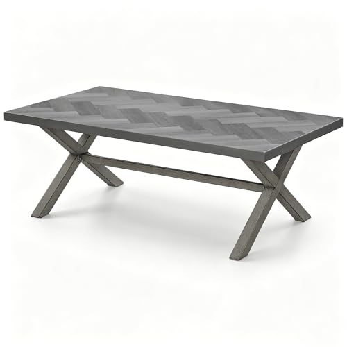 Image of Never Rusts Aluminum Outdoor Coffee Table, All-Weather Rectangle Patio Coffee Table with Resin Tabletop, Modern Outdoor Furniture Table for Patio, Poolside, Garden, Balcony, Limed Oak