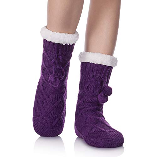 TRUEHAN Womens Slipper Socks Non Slip Knit Stockings with Grippers Thick Fleece Lined Floor Socks for Winter Indoor (Purple)