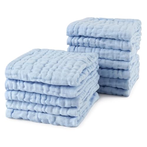Image of Baby Muslin Washcloth Cotton Baby Wipes Cum Face Towel, 5 Pack 10x10 inches -Blue